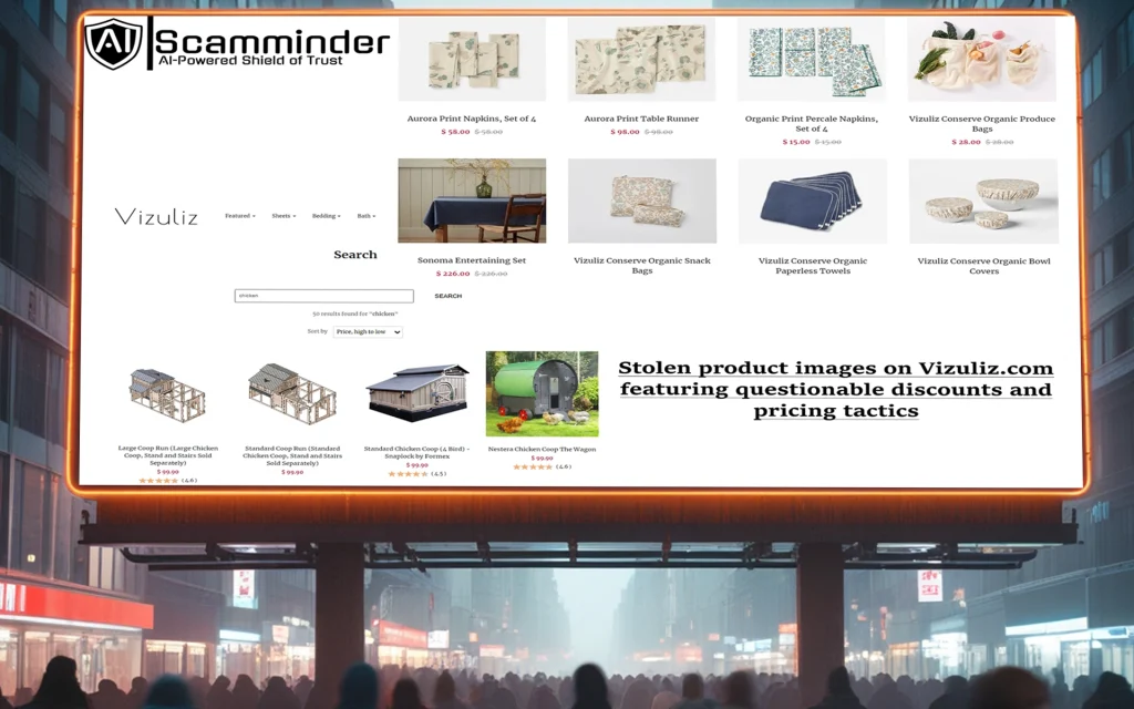 Unrealistic discounts on stolen product images from other websites, raising red flags about Vizuliz.com's legitimacy.