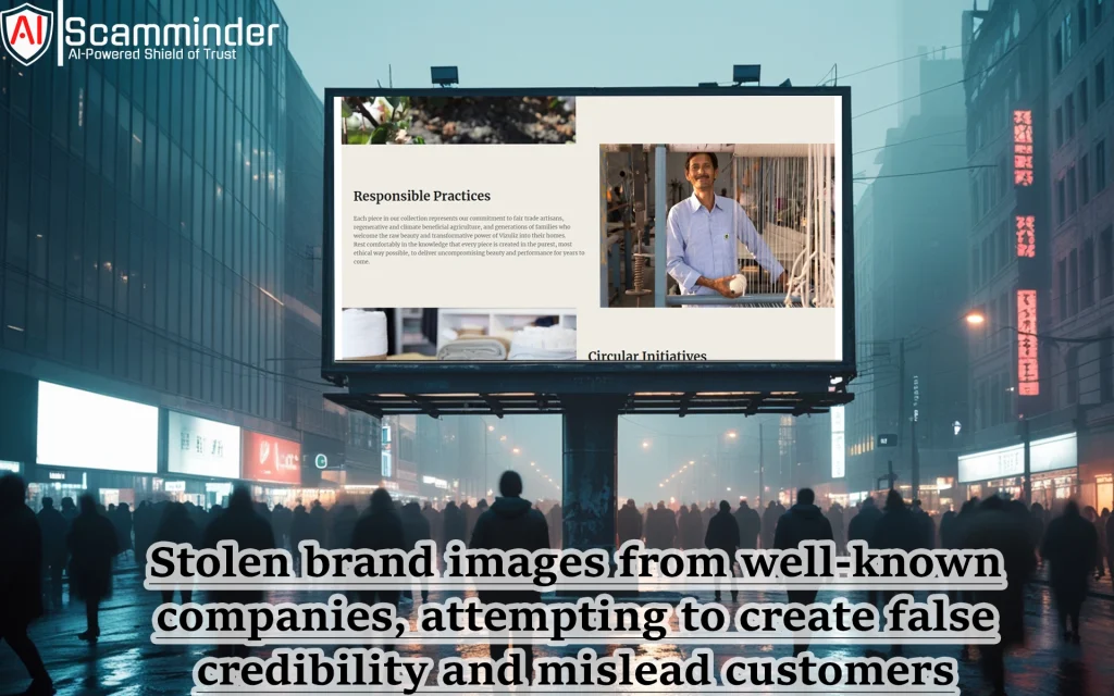 Vizuliz.com features stolen brand images from well-known companies, attempting to create false credibility and mislead customers.
