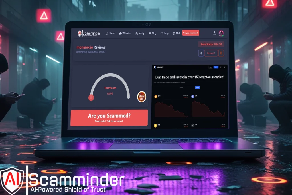 ScamMinder AI flagging Monarex.io as a scam with multiple red flags