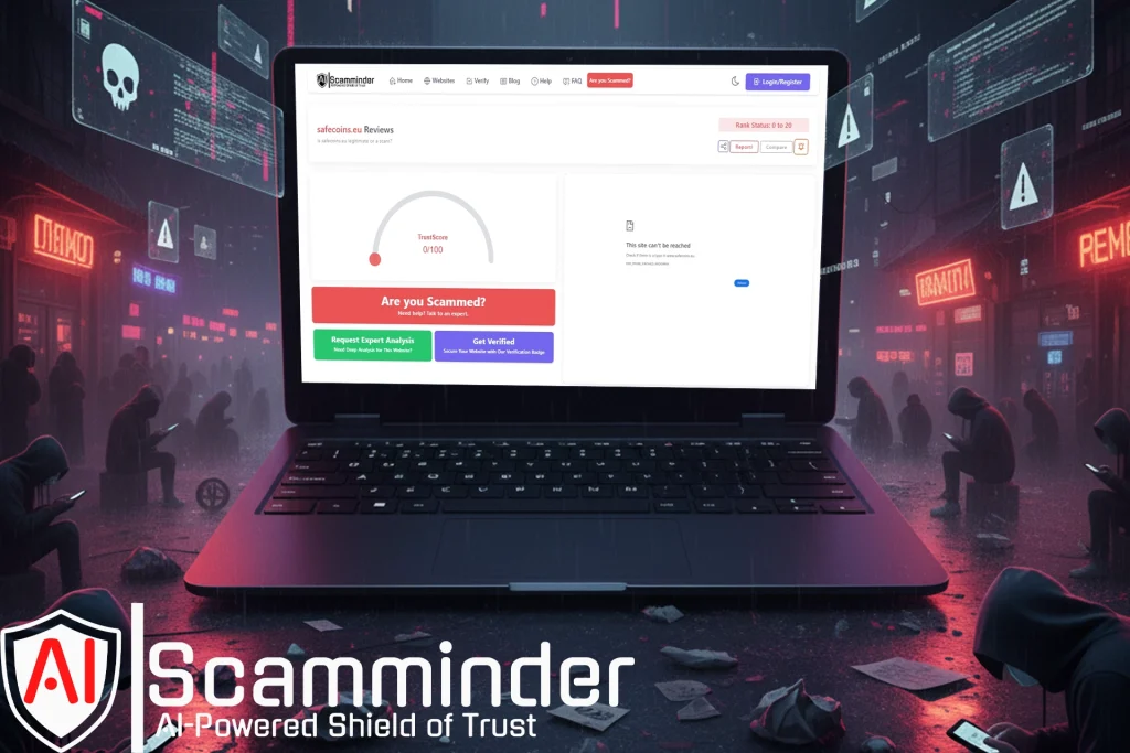 ScamMinder rating safecoins.eu with a score of 0, indicating a high-risk scam site.
